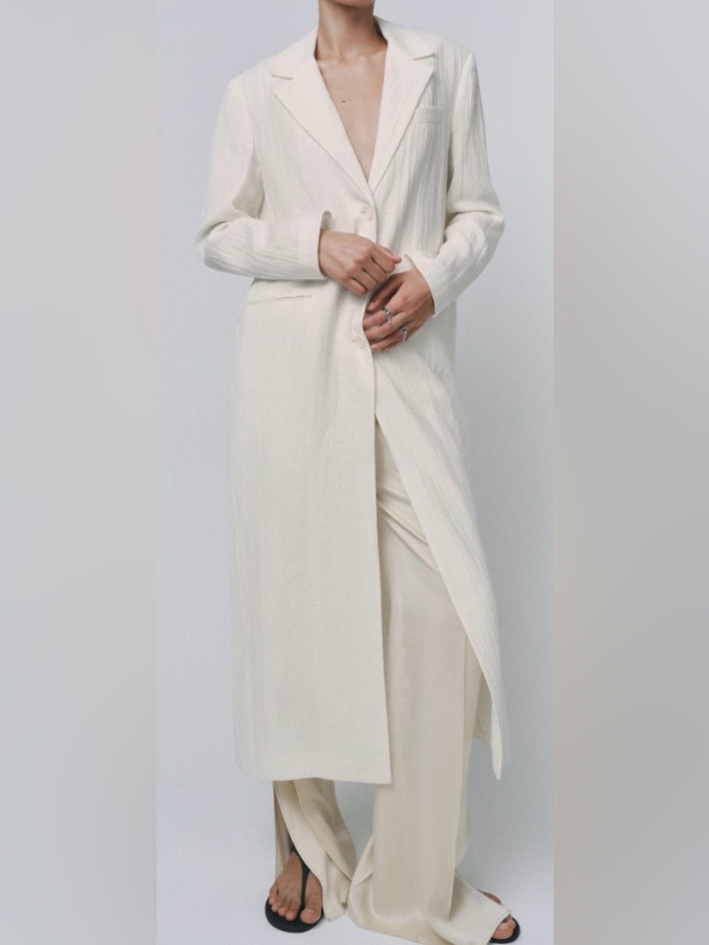 ZARA Oyster White ZW Collection Linen Frock Coat Size M, women’ long blazer.